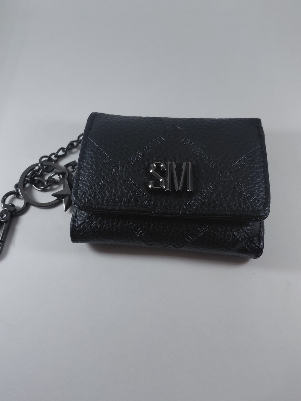 SM Embossed Black Leather Mini Wallet Keychain
